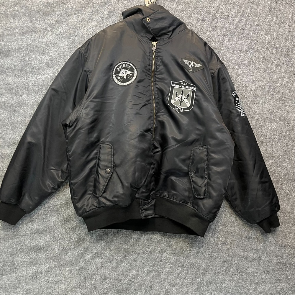 Avirex Flight Bomber Jacket Men's Black Military Naval Aviation Patches Y2K - XL